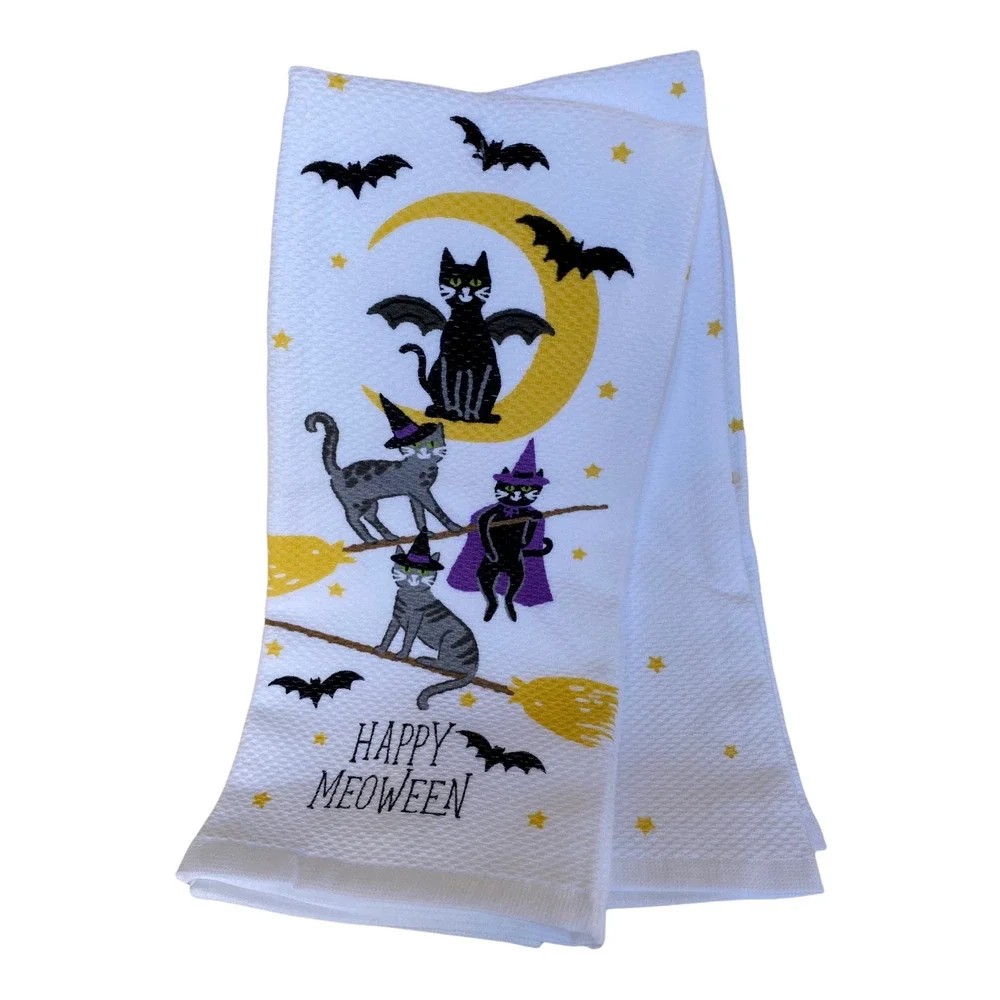 NWT Halloween Happy Meoween Bats Cats on Brooms Cat Kitten Kitchen Towel Set
